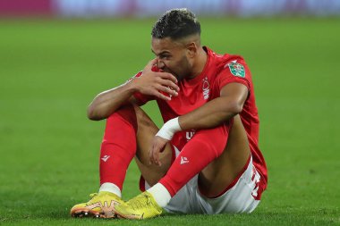 Renan Lodi #32 of Nottingham Forest goes down injured during the Carabao Cup Quarter Final match Nottingham Forest vs Wolverhampton Wanderers at City Ground, Nottingham, United Kingdom, 11th January 202