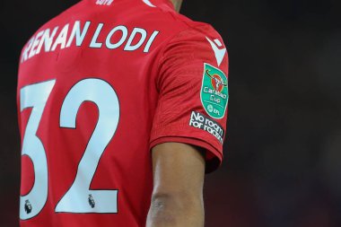 A close up of the Carabao Cup branding on Renan Lodi #32 of Nottingham Forest shirt during the Carabao Cup Quarter Final match Nottingham Forest vs Wolverhampton Wanderers at City Ground, Nottingham, United Kingdom, 11th January 202