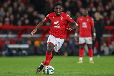 Orel Mangala #5 of Nottingham Forest on the ball during the Carabao Cup Quarter Final match Nottingham Forest vs Wolverhampton Wanderers at City Ground, Nottingham, United Kingdom, 11th January 202