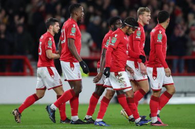 Willy Boly #30 of Nottingham Forest celebrates his goal with his team mates and makes the score 1-0 during the Carabao Cup Quarter Final match Nottingham Forest vs Wolverhampton Wanderers at City Ground, Nottingham, United Kingdom, 11th January 202