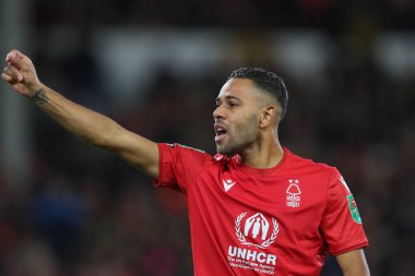 Renan Lodi #32 of Nottingham Forest gives his teammates instructions during the Carabao Cup Quarter Final match Nottingham Forest vs Wolverhampton Wanderers at City Ground, Nottingham, United Kingdom, 11th January 202