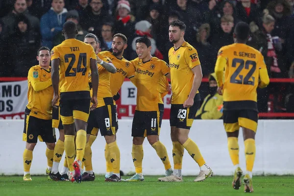 Ral Jimnez #9 of Wolverhampton Wanderers celebrates his goal with his team mates and makes the score 1-1 during the Carabao Cup Quarter Final match Nottingham Forest vs Wolverhampton Wanderers at City Ground, Nottingham, United Kingdom