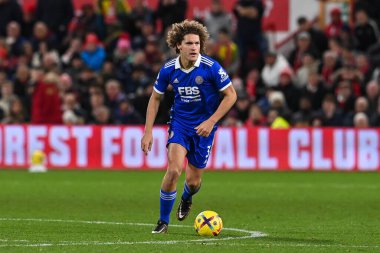 Wout Faes #3 of Leicester City makes a break with the ball  during the Premier League match Nottingham Forest vs Leicester City at City Ground, Nottingham, United Kingdom, 14th January 202