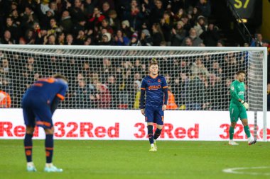Sonny Carey #16 of Blackpool dejected as Watford score to make it 1-0 during the Sky Bet Championship match Watford vs Blackpool at Vicarage Road, Watford, United Kingdom, 14th January 202