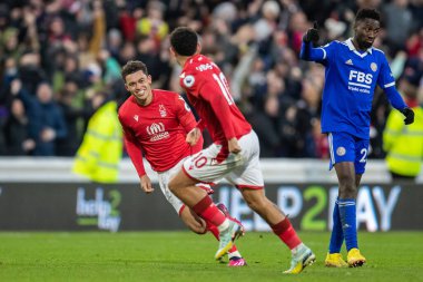 Brennan Johnson #20 of Nottingham Forest sets off in celebration after his goal seals victory during the Premier League match Nottingham Forest vs Leicester City at City Ground, Nottingham, United Kingdom, 14th January 202