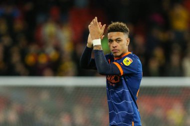 Morgan Rogers #25 of Blackpool acknowledges the fans during the Sky Bet Championship match Watford vs Blackpool at Vicarage Road, Watford, United Kingdom, 14th January 202
