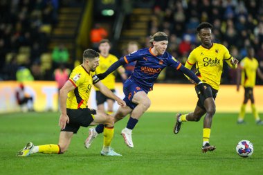Josh Bowler #11 of Blackpool runs at the Watford defence during the Sky Bet Championship match Watford vs Blackpool at Vicarage Road, Watford, United Kingdom, 14th January 202