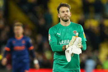 Chris Maxwell #1 of Blackpool acknowledges the fans during the Sky Bet Championship match Watford vs Blackpool at Vicarage Road, Watford, United Kingdom, 14th January 202