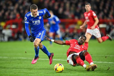 Jamie Vardy #9 of Leicester City and Serge Aurier #24 of Nottingham Forest battles for the ball during the Premier League match Nottingham Forest vs Leicester City at City Ground, Nottingham, United Kingdom, 14th January 202