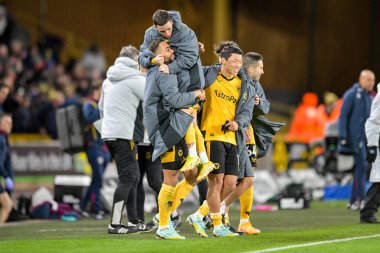 Wolves team celebrating their win after  the Premier League match Wolverhampton Wanderers vs West Ham United at Molineux, Wolverhampton, United Kingdom, 14th January 202