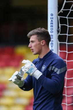 Stuart Moore #13 of Blackpool warms up during the Sky Bet Championship match Watford vs Blackpool at Vicarage Road, Watford, United Kingdom, 14th January 202