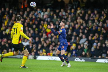 Gary Madine #14 of Blackpool controls the ball during the Sky Bet Championship match Watford vs Blackpool at Vicarage Road, Watford, United Kingdom, 14th January 202