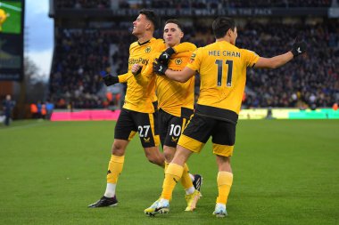 Daniel Podence #10 of Wolverhampton Wanderers celebrates his goal with Matheus Nunes #27 of Wolverhampton Wanderers Hwang Hee-Chan #11 of Wolverhampton Wanderers during the Premier League match Wolverhampton Wanderers vs West Ham United at Molineux, 