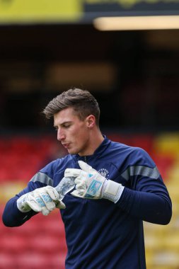 Stuart Moore #13 of Blackpool warms up during the Sky Bet Championship match Watford vs Blackpool at Vicarage Road, Watford, United Kingdom, 14th January 202