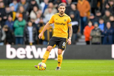 Ruben Neves #8 of Wolverhampton Wanderers with the ball during the Premier League match Wolverhampton Wanderers vs West Ham United at Molineux, Wolverhampton, United Kingdom, 14th January 202