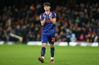 Charlie Patino #28 of Blackpool acknowledges the fans at the final whistle during the Sky Bet Championship match Watford vs Blackpool at Vicarage Road, Watford, United Kingdom, 14th January 202