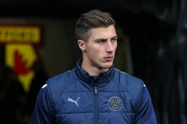 Stuart Moore #13 of Blackpool arriving during the Sky Bet Championship match Watford vs Blackpool at Vicarage Road, Watford, United Kingdom, 14th January 202