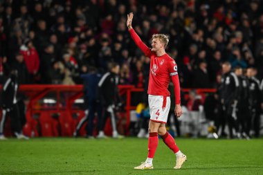 Joe Worrall #4 of Nottingham Forest waves to the fans at the end of the Premier League match Nottingham Forest vs Leicester City at City Ground, Nottingham, United Kingdom, 14th January 202