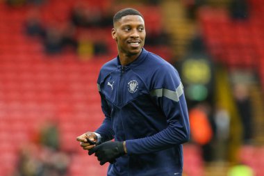 Marvin Ekpiteta #21 of Blackpool warms up during the Sky Bet Championship match Watford vs Blackpool at Vicarage Road, Watford, United Kingdom, 14th January 202