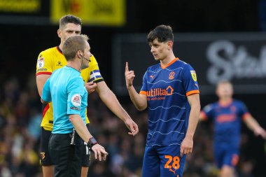 Charlie Patino #28 of Blackpool gestures to the referee during the Sky Bet Championship match Watford vs Blackpool at Vicarage Road, Watford, United Kingdom, 14th January 202