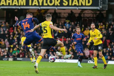 Gary Madine #14 of Blackpool attacks a cross during the Sky Bet Championship match Watford vs Blackpool at Vicarage Road, Watford, United Kingdom, 14th January 202