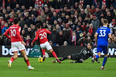 Brennan Johnson #20 of Nottingham Forest rounds Danny Ward #1 of Leicester City to score a goal to make it 1-0 during the Premier League match Nottingham Forest vs Leicester City at City Ground, Nottingham, United Kingdom, 14th January 202