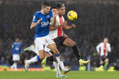 Conor Coady #30 of Everton wins a header during the Premier League match Everton vs Southampton at Goodison Park, Liverpool, United Kingdom, 14th January 202