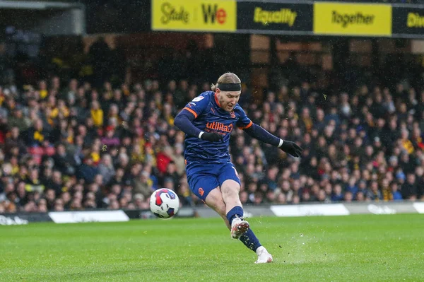 Josh Bowler #11 of Blackpool shoots from a free kick during the Sky Bet Championship match Watford vs Blackpool at Vicarage Road, Watford, United Kingdom, 14th January 202
