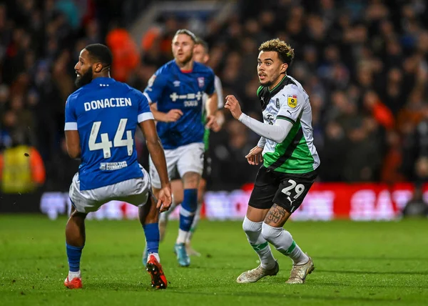 Plymouth Argyle midfielder Tyreik Wright (29) battles of the ball  during the Sky Bet League 1 match Ipswich Town vs Plymouth Argyle at Portman Road, Ipswich, United Kingdom, 14th January 202