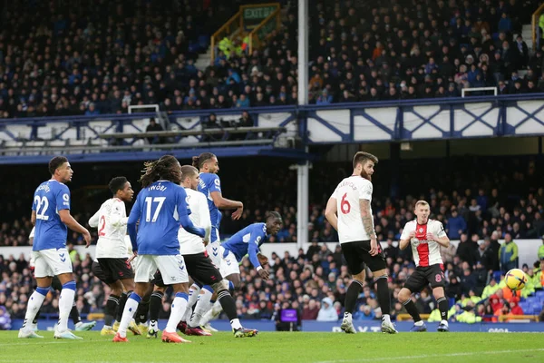 Amadou Onana #8 of Everton scores to make it 1-0 during the Premier League match Everton vs Southampton at Goodison Park, Liverpool, United Kingdom, 14th January 202
