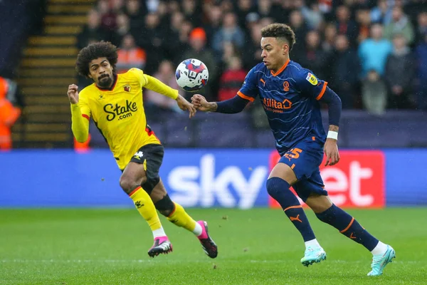Morgan Rogers #25 of Blackpool on the ball during the Sky Bet Championship match Watford vs Blackpool at Vicarage Road, Watford, United Kingdom, 14th January 202