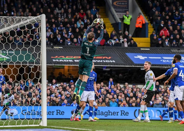 Ipswich Town goalkeeper Christian Walton  (1) makes a save  during the Sky Bet League 1 match Ipswich Town vs Plymouth Argyle at Portman Road, Ipswich, United Kingdom, 14th January 202