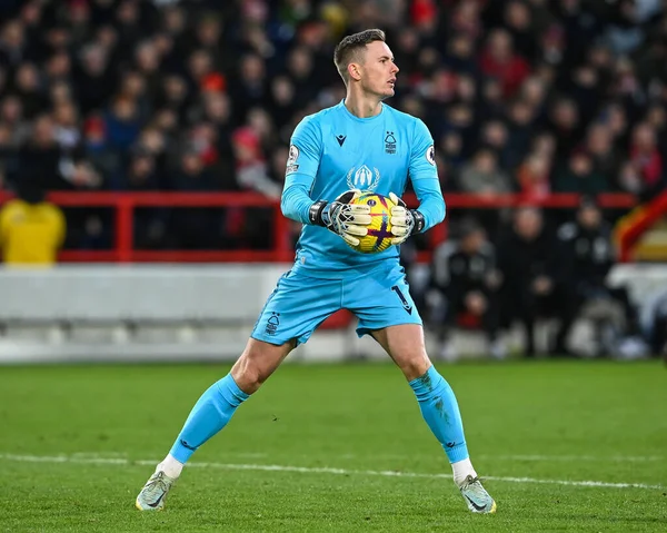 Dean Henderson #1 of Nottingham Forest gives his team instructions during the Premier League match Nottingham Forest vs Leicester City at City Ground, Nottingham, United Kingdom, 14th January 202