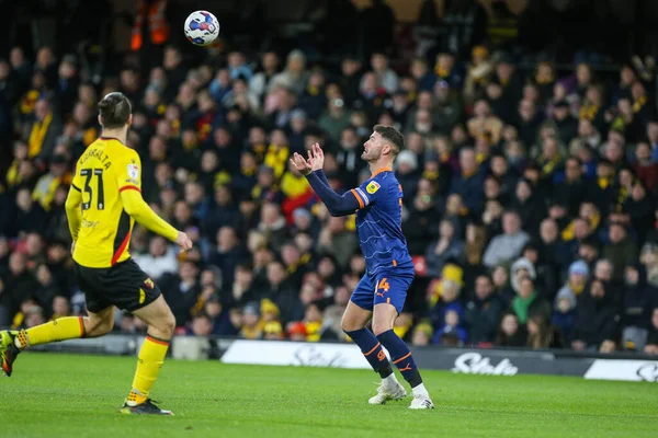 Gary Madine #14 of Blackpool controls the ball during the Sky Bet Championship match Watford vs Blackpool at Vicarage Road, Watford, United Kingdom, 14th January 202
