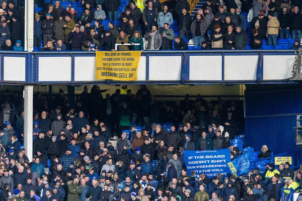 Everton fans protest with flags during the Premier League match Everton vs Southampton at Goodison Park, Liverpool, United Kingdom, 14th January 2023