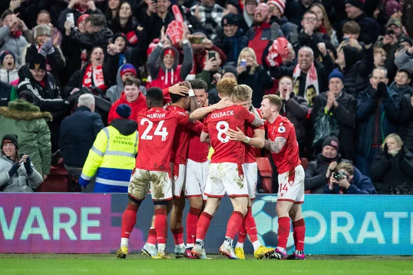 Brennan Johnson #20 of Nottingham Forest celebrates with team mates during the Premier League match Nottingham Forest vs Leicester City at City Ground, Nottingham, United Kingdom, 14th January 202