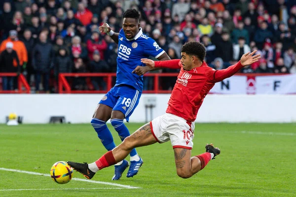 Morgan Gibbs-White #10 of Nottingham Forest tries to connect with the cross during the Premier League match Nottingham Forest vs Leicester City at City Ground, Nottingham, United Kingdom, 14th January 202