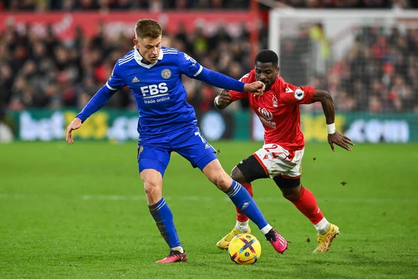 Harvey Barnes #7 of Leicester City makes a break with the ball during the Premier League match Nottingham Forest vs Leicester City at City Ground, Nottingham, United Kingdom, 14th January 202
