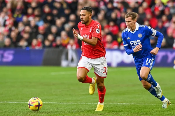 Renan Lodi #32 of Nottingham Forest makes a break with the ball during the Premier League match Nottingham Forest vs Leicester City at City Ground, Nottingham, United Kingdom, 14th January 202