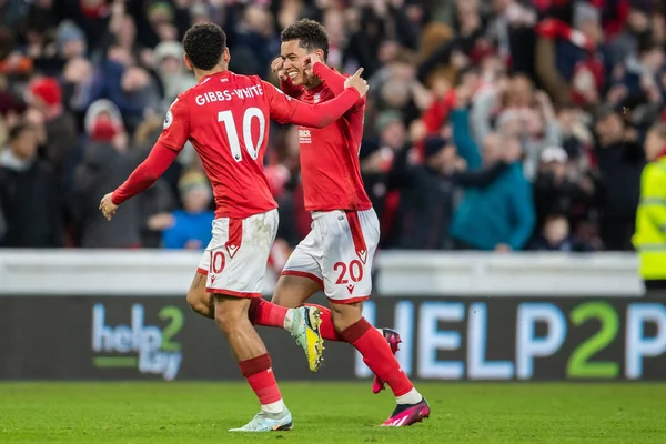 Brennan Johnson #20 of Nottingham Forest sets off in celebration after his goal seals victory during the Premier League match Nottingham Forest vs Leicester City at City Ground, Nottingham, United Kingdom, 14th January 202