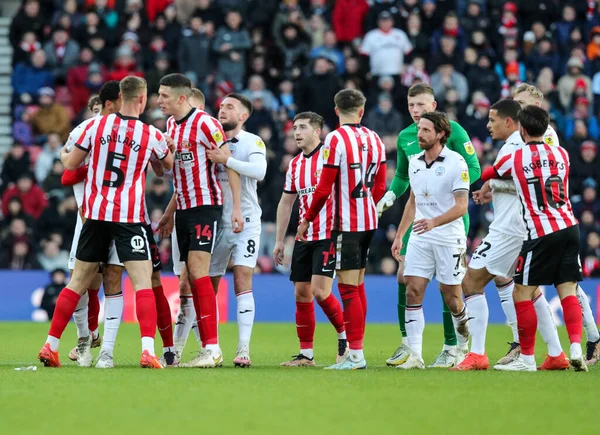 An altercation erupts on the pitch during the Sky Bet Championship match Sunderland vs Swansea City at Stadium Of Light, Sunderland, United Kingdom, 14th January 202