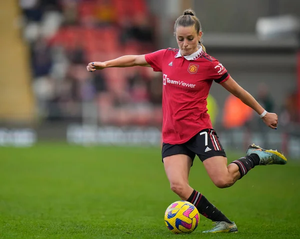 stock image Ella Toone #7 of Manchester United crosses the ball during the The Fa Women's Super League match Manchester United Women vs Liverpool Women at Leigh Sports Village, Leigh, United Kingdom, 15th January 202