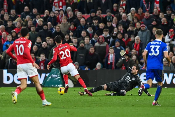 Brennan Johnson #20 of Nottingham Forest rounds Danny Ward #1 of Leicester City to score a goal to make it 1-0 during the Premier League match Nottingham Forest vs Leicester City at City Ground, Nottingham, United Kingdom, 14th January 202