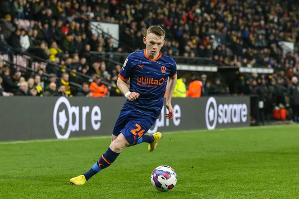Andy Lyons #24 of Blackpool on the ball during the Sky Bet Championship match Watford vs Blackpool at Vicarage Road, Watford, United Kingdom, 14th January 202