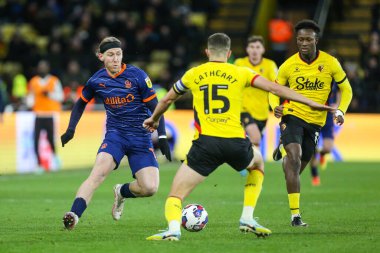 Josh Bowler #11 of Blackpool runs at the Watford defence during the Sky Bet Championship match Watford vs Blackpool at Vicarage Road, Watford, United Kingdom, 14th January 202