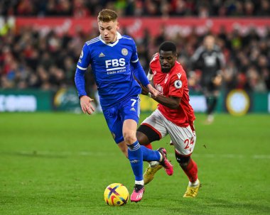 Harvey Barnes #7 of Leicester City makes a break with the ball during the Premier League match Nottingham Forest vs Leicester City at City Ground, Nottingham, United Kingdom, 14th January 202