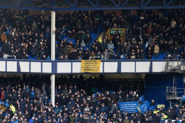 Everton fans show flags protesting during the Premier League match Everton vs Southampton at Goodison Park, Liverpool, United Kingdom, 14th January 2023