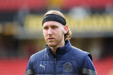Josh Bowler #11 of Blackpool on arrival during the Sky Bet Championship match Watford vs Blackpool at Vicarage Road, Watford, United Kingdom, 14th January 202