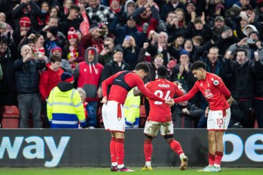 Brennan Johnson #20 of Nottingham Forest celebrates with team mates during the Premier League match Nottingham Forest vs Leicester City at City Ground, Nottingham, United Kingdom, 14th January 202