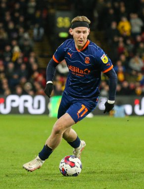 Josh Bowler #11 of Blackpool on the ball during the Sky Bet Championship match Watford vs Blackpool at Vicarage Road, Watford, United Kingdom, 14th January 202